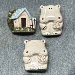 Vintage Fridge Magnet Set Ceramic Hippos House Miniature Decor Cute Collectible